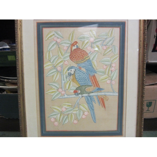 4277 - An Asian hand-painted silk picture of parrots on branches, framed and glazed, 48cm x 35cm    (E) £10... 