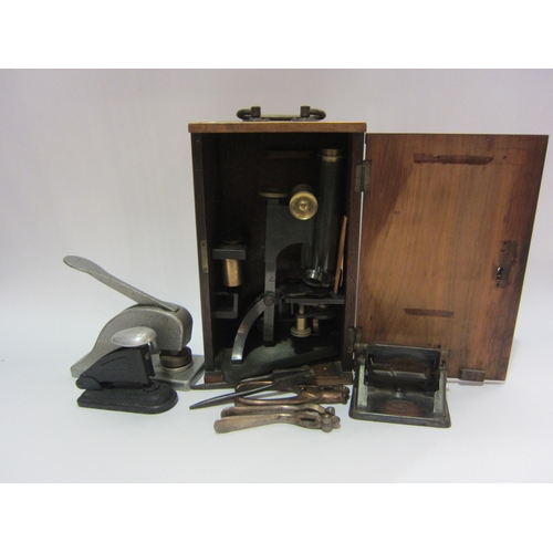 4284 - A cased microscope, vintage office equipment including East-Light hole puncher, Rexel stapler, nutcr... 