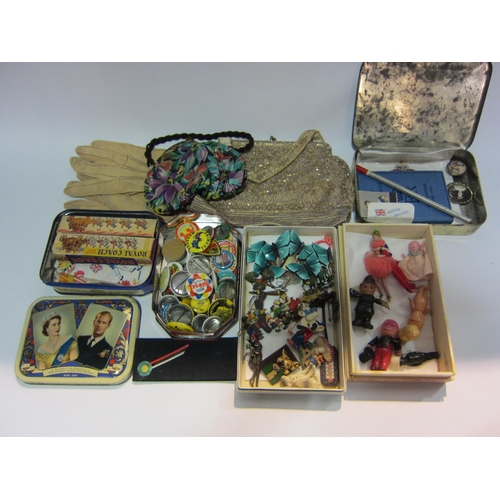 4295 - A box of vintage items including Coronation coach models, a tin of badges and kit gloves, etc