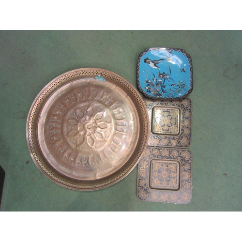 4306 - An Eastern copper charger (57.5cm), two metal square form Eastern dishes and a cloisonné dish of bir... 