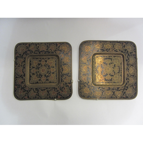 4306 - An Eastern copper charger (57.5cm), two metal square form Eastern dishes and a cloisonné dish of bir... 