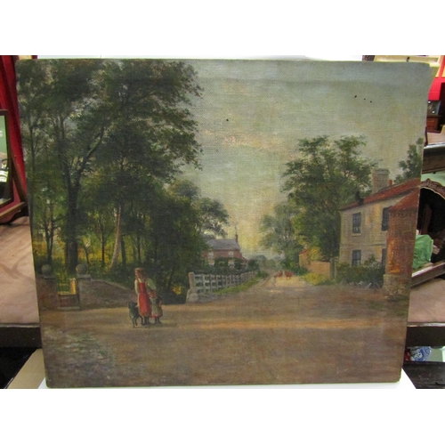 4388 - An oil on canvas reputedly Topcliffe, North Yorkshire, depicting a rural street scene with houses, f... 