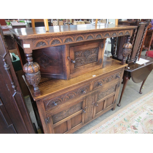 2459 - An Old Charm style oak court cupboard, cup and cover supports, with drawer and cupboard space