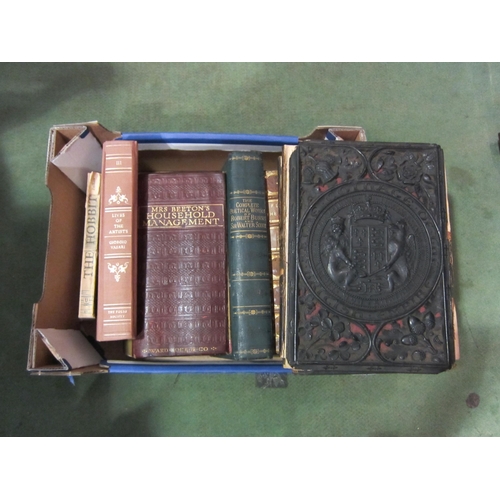 4055 - Two boxes of leather bindings and other assorted books, including 1854 coinage volume with decorativ... 