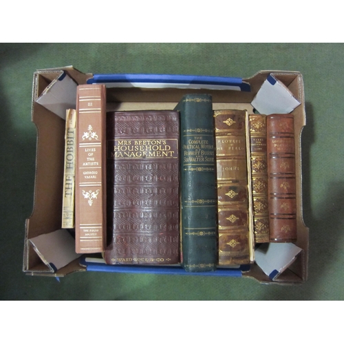 4055 - Two boxes of leather bindings and other assorted books, including 1854 coinage volume with decorativ... 