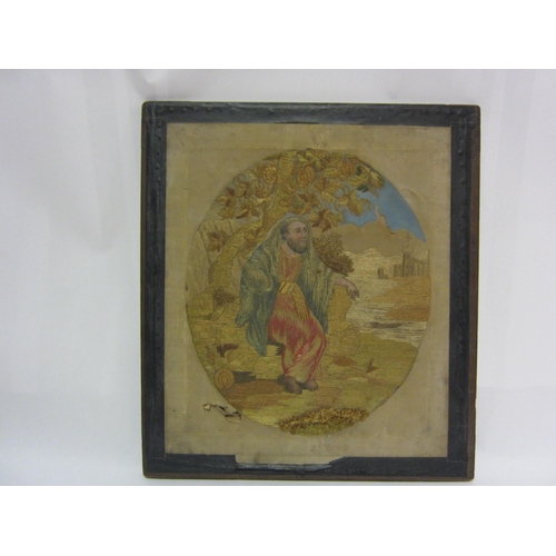 4174 - An oval silk tapestry picture of gentleman seated under tree, 30cm x 26cm image size, a/f   (E) £15-... 