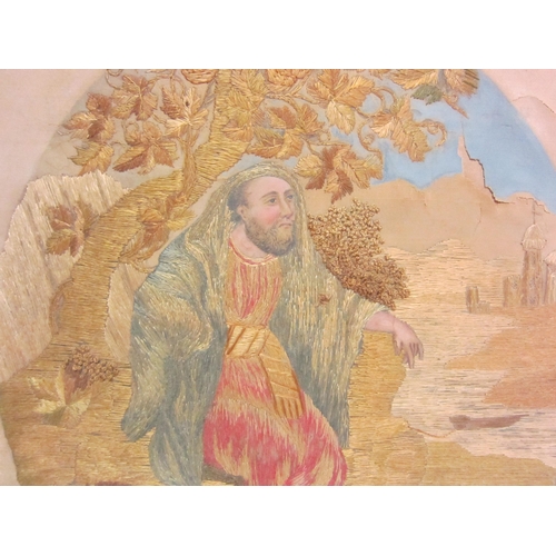 4174 - An oval silk tapestry picture of gentleman seated under tree, 30cm x 26cm image size, a/f   (E) £15-... 