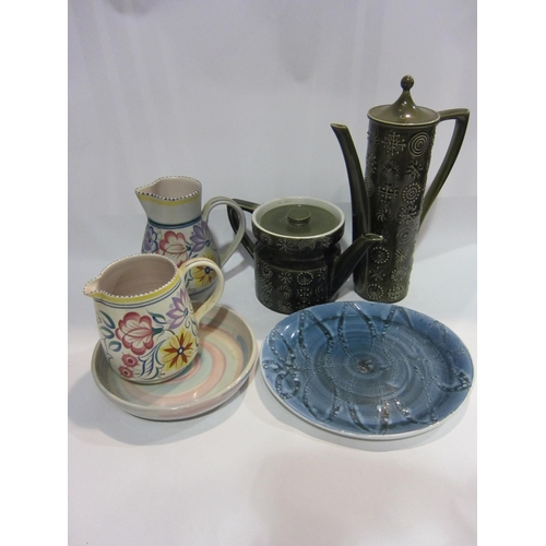 4390 - Two Poole jugs, two Totem green glazed tea and coffee pots a/f, Studio pottery bowl, Cinque Ports Po... 