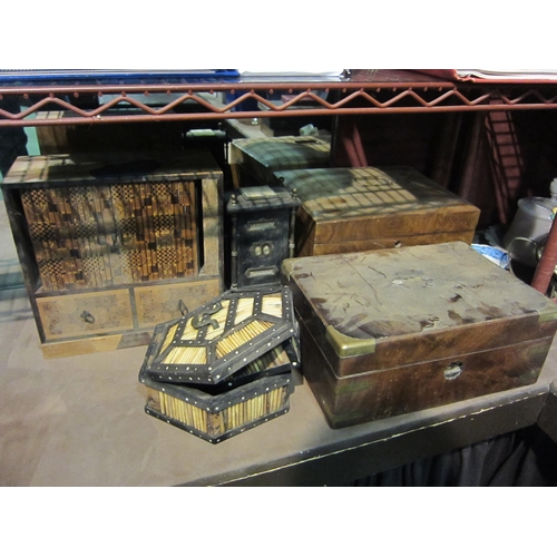 4403 - Five boxes for restoration; quill, Japanese marquetry cabinet, and calendar etc (6)