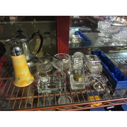 4410 - A selection of glassware to include six glass inkwells one a/f, a pair of bud vases of tubular form,... 