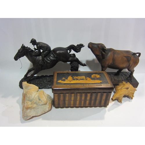 4423 - A carved wooden ox and a jockey on a horse, trinket box, etc. (5)