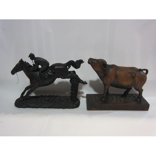 4423 - A carved wooden ox and a jockey on a horse, trinket box, etc. (5)