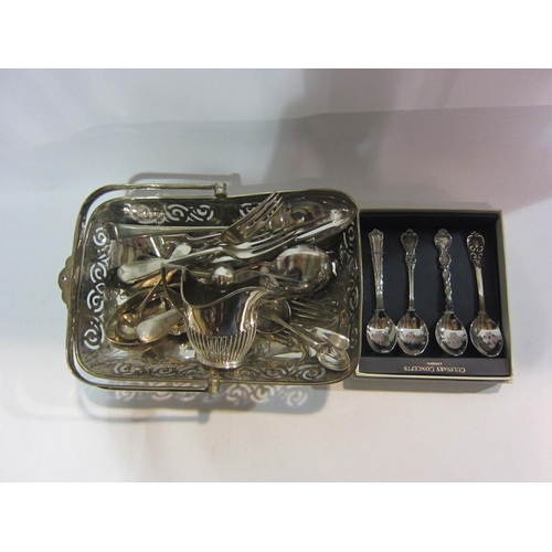 4426 - A collection of mainly silver plate; basket, cutlery and a silver teaspoon and sifting spoon