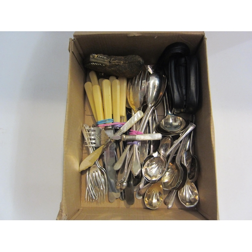 4428 - A box of mostly plated cutlery, a musical boot, etc.