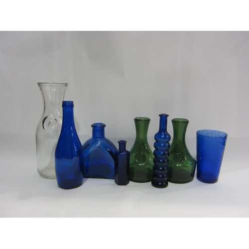 4434 - A selection of blue glass bottles, carafe and a pair of green glass bygone bottles (8)   (R) £15