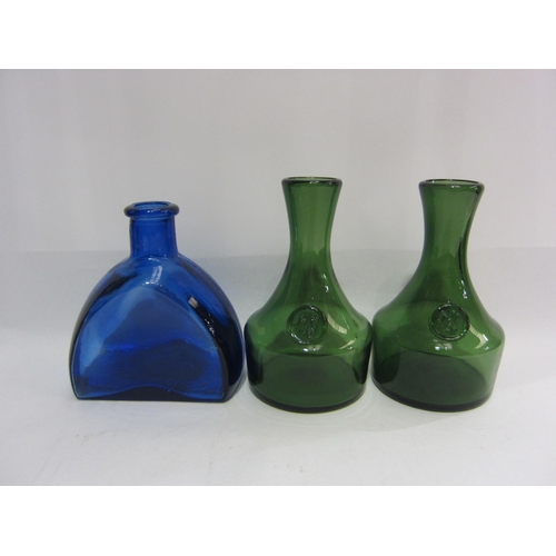 4434 - A selection of blue glass bottles, carafe and a pair of green glass bygone bottles (8)   (R) £15