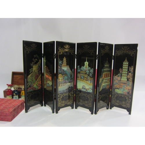 4437 - A collection of Oriental items; chopsticks in inlaid mother-of-pearl box, small screen, figures, etc