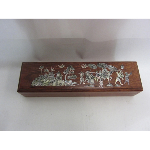 4437 - A collection of Oriental items; chopsticks in inlaid mother-of-pearl box, small screen, figures, etc