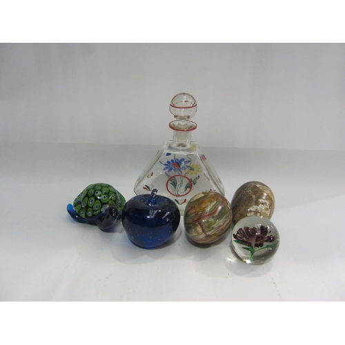 4443 - A mixed lot including Murano style turtle, two glass paperweights, two onyx eggs and a floral painte... 