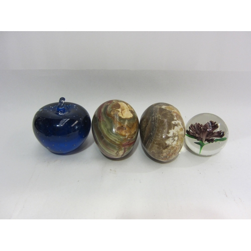 4443 - A mixed lot including Murano style turtle, two glass paperweights, two onyx eggs and a floral painte... 