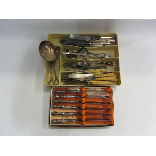 4447 - A selection of plated cutlery including ladles, bone handled knives, grape scissors and boxed Cooper... 