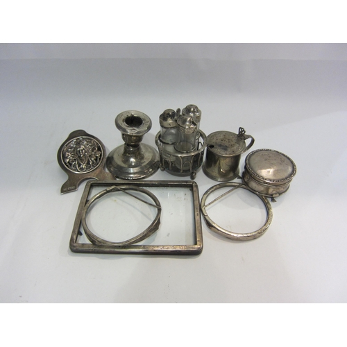 4456 - A quantity of mixed silver items including candlestick (a/f), mustard pot and cruets etc