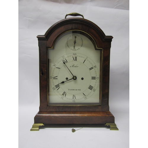 8068 - A Georgian mahogany bracket clock, Baker Tamworth, with arch white dial and Roman numerals, also out... 