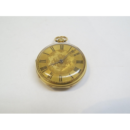 8170 - An 18ct gold engraved pocket watch with key, 33.1g total,  4cm diameter   (R) £600 Special Antiques