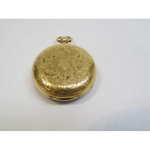 8170 - An 18ct gold engraved pocket watch with key, 33.1g total,  4cm diameter   (R) £600 Special Antiques