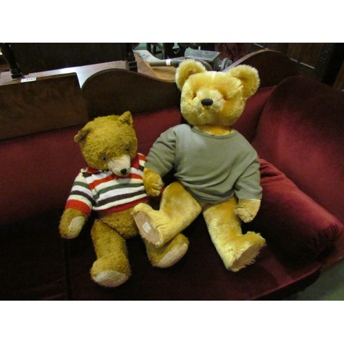 4162 - Two care worn large teddy bears wearing tops including Chad Valley example