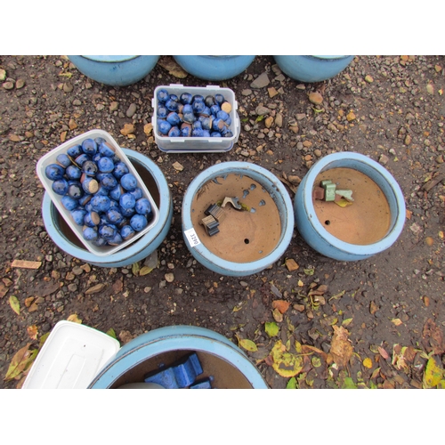 3290 - Three blue glazed plant potsand a qty of decorative glazed spheres