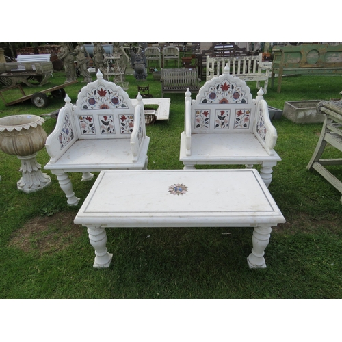 9492 - A pair of Agra marble inlaid throne chairs with matching low table, purchased from Liberty in 2014 w... 