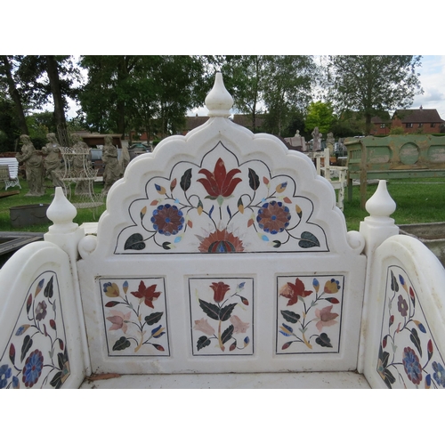 9492 - A pair of Agra marble inlaid throne chairs with matching low table, purchased from Liberty in 2014 w... 