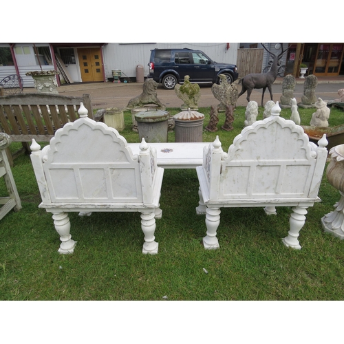 9492 - A pair of Agra marble inlaid throne chairs with matching low table, purchased from Liberty in 2014 w... 