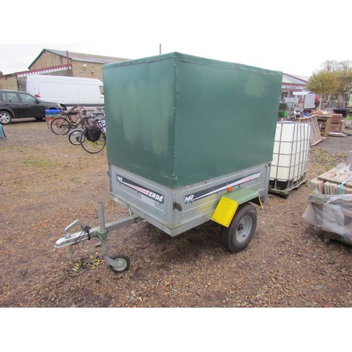 3216 - An Erde 142 tipping trailer with a boxed homemade top, approx. 5' x 3', with a wheel clamp and spare... 