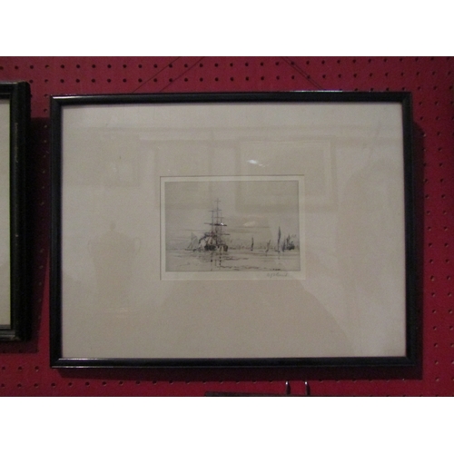 1091 - A Bond pencil signed etching depicting ships at sail, framed and glazed, 10cm x 15cm image size