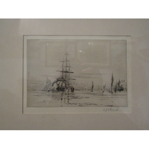 1091 - A Bond pencil signed etching depicting ships at sail, framed and glazed, 10cm x 15cm image size