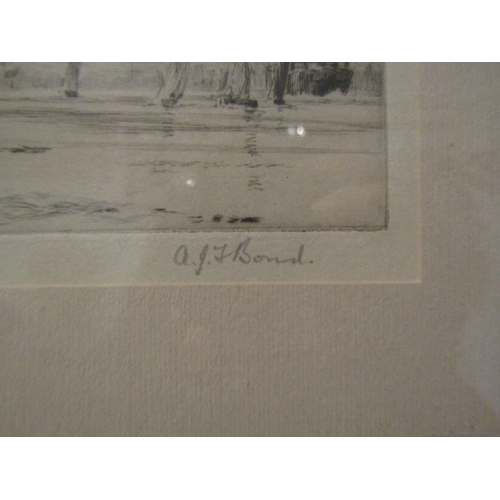 1091 - A Bond pencil signed etching depicting ships at sail, framed and glazed, 10cm x 15cm image size