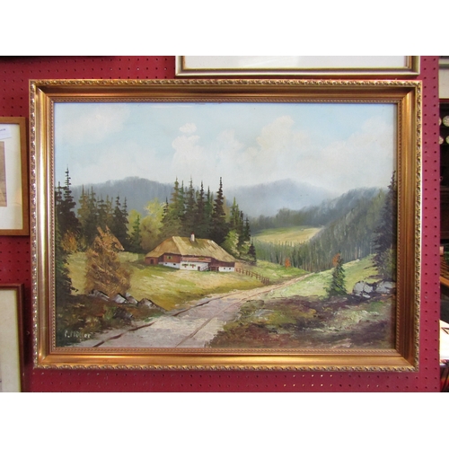 1095 - P. MÜLLER: An oil on board of Swiss mountain scene, signed lower left, gilt framed, 48cm x 67cm imag... 