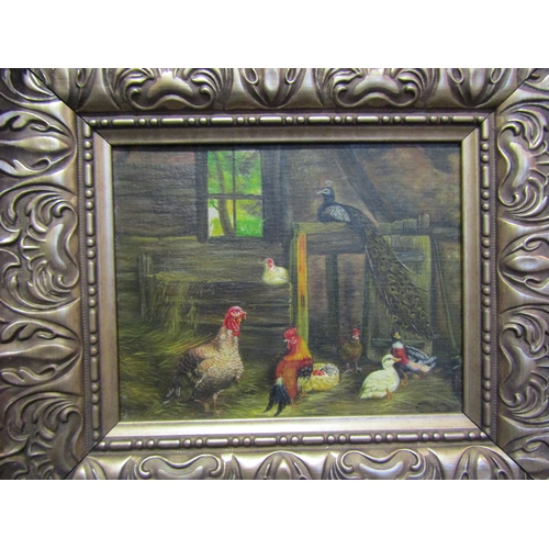 1144 - A naïve oil on canvas of birds inside a barn, ornately framed, 19cm x 24cm image size