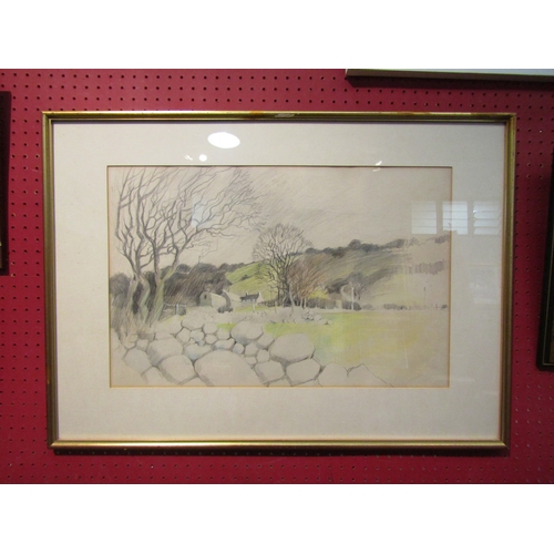 1152 - An artist landscape study of farm on a hill, unsigned, framed and glazed, 35cm x 54cm image size  (C... 