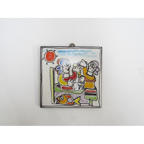 1163 - A Desimone Sinterizzato Italian hand painted tile decorated with figures and fish.  20cm x  20cm