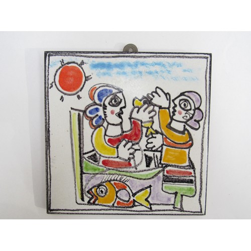 1163 - A Desimone Sinterizzato Italian hand painted tile decorated with figures and fish.  20cm x  20cm