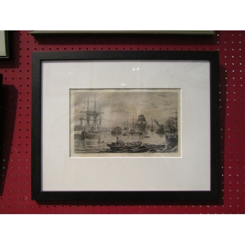 1165 - An etching depicting various ships and boats on a river, framed and glazed, 15cm x 26cm image size