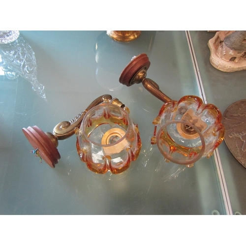 1245 - A pair of mid-20th Century wall lights, wood, brass and glass. One a/f  (R)  £0  (E)  £8-16