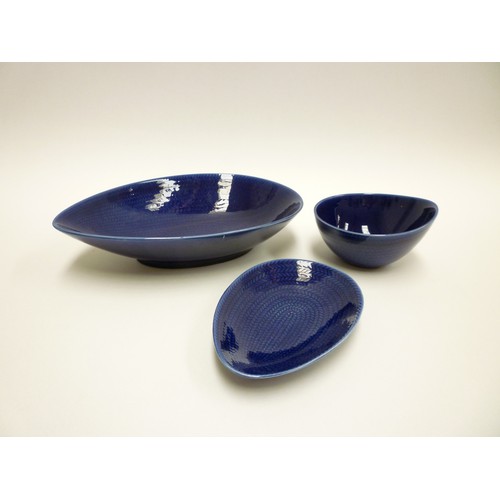 1348 - Three pieces of Rorstrand 'Blue Fire' pottery designed by Hertha Bengtsson, tear shaped bowl (chip a... 