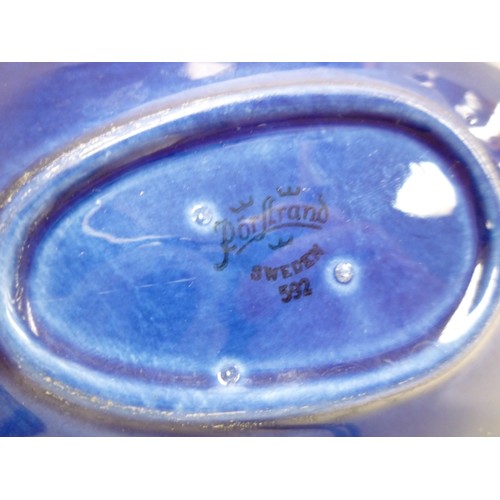 1348 - Three pieces of Rorstrand 'Blue Fire' pottery designed by Hertha Bengtsson, tear shaped bowl (chip a... 