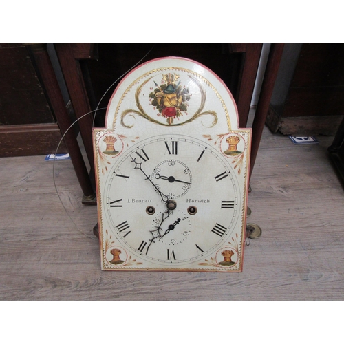 8005 - A J.Bennett of Norwich long case clock with painted enamel face, Roman numerated dial, mahogany whal... 