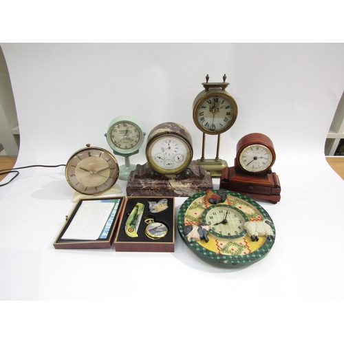 8026 - A box of assorted timepieces including interesting year going metal marble effect mantel clock with ... 