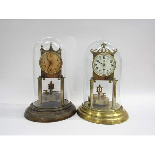 8043 - Two brass anniversary clocks under glass and plastic domes. One with enamel white dial with Arabic n... 